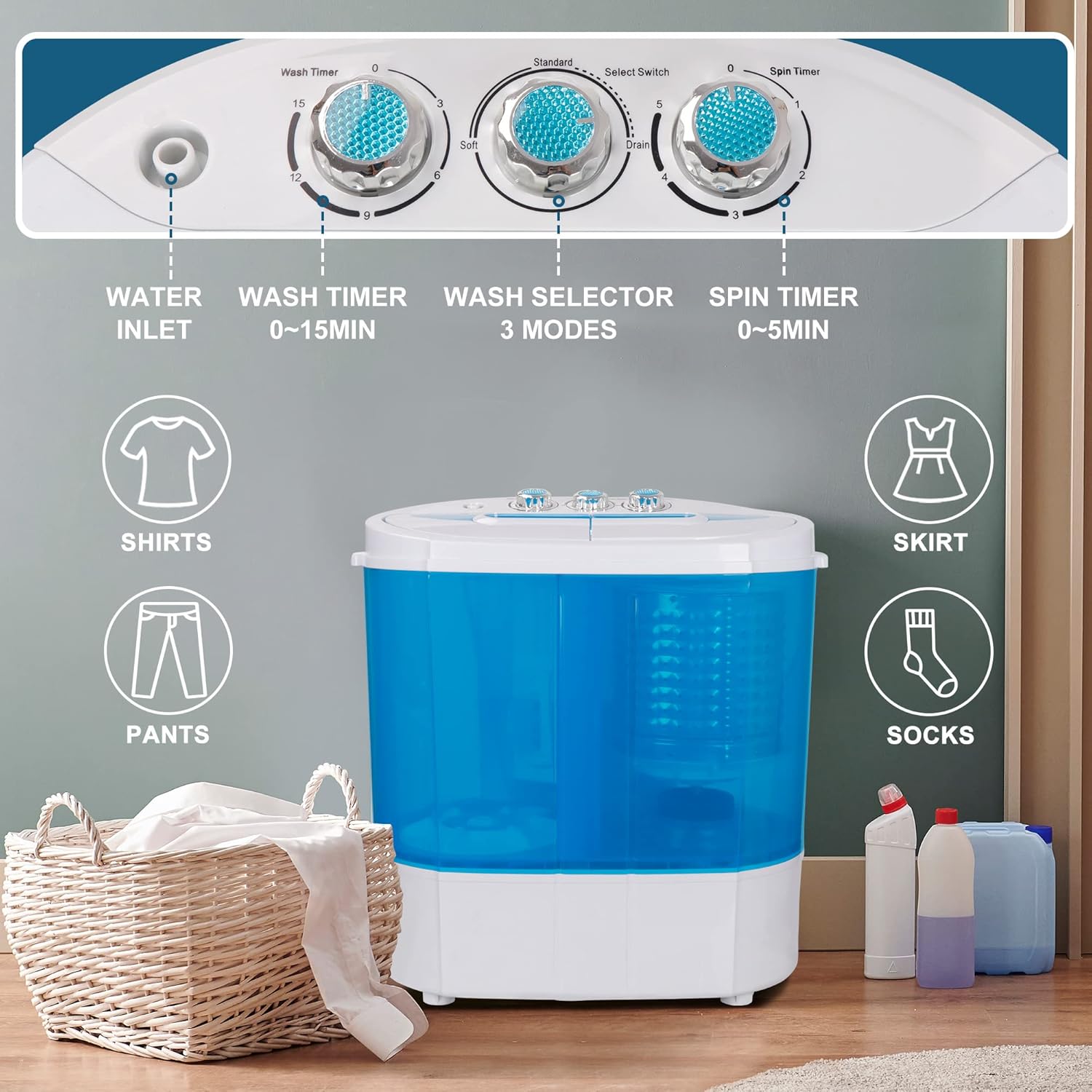 HomGarden Portable Washing Machine, Mini Compact Twin Tub 9.9 lbs Laundry Washer Spain Spinner Washing Machine, Gravity Drain Pump and Drain Hose