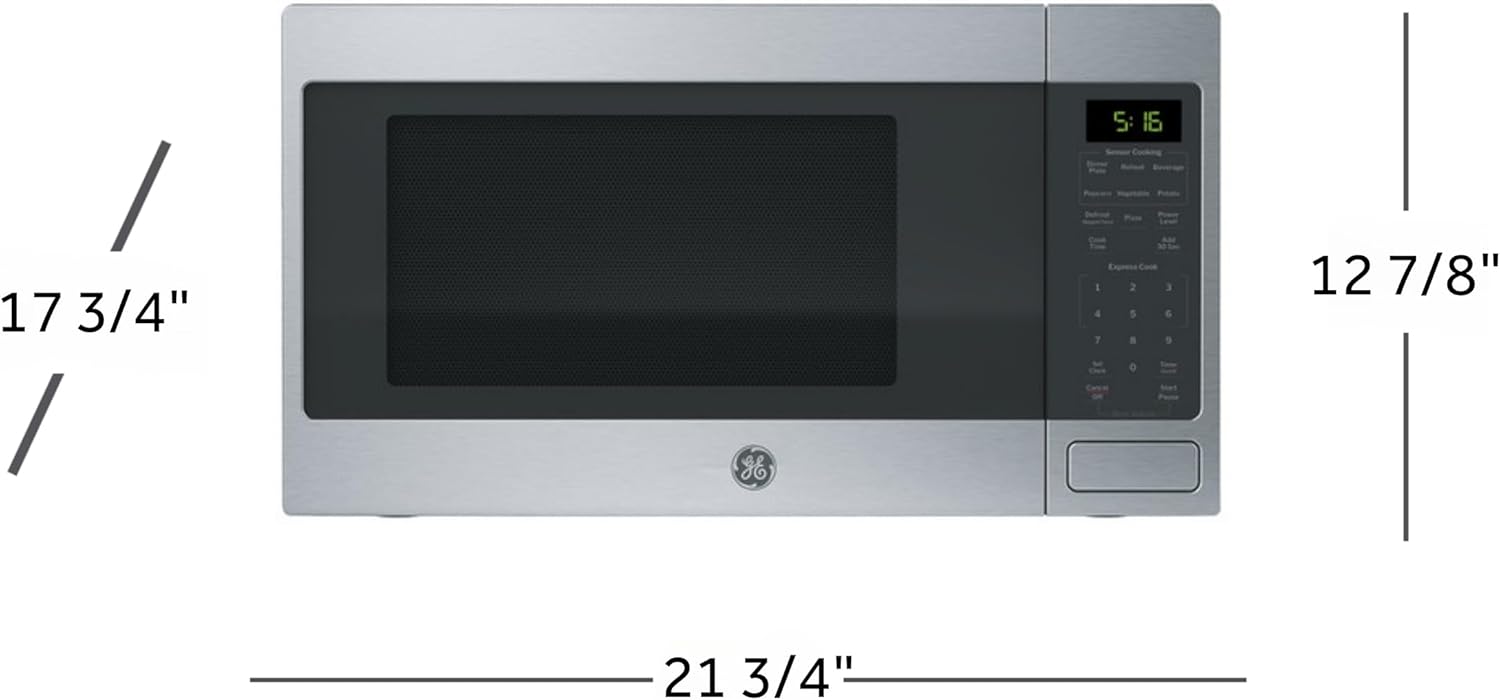 GE Countertop Microwave Oven, 1,150-watt Capacity, 1.6 Cubic Ft., 8 Auto Setting Cooking Settings, Child-Lock Technology, Kitchen Essentials for the Countertop, Dorm Room or Apartment, Stainless Steel