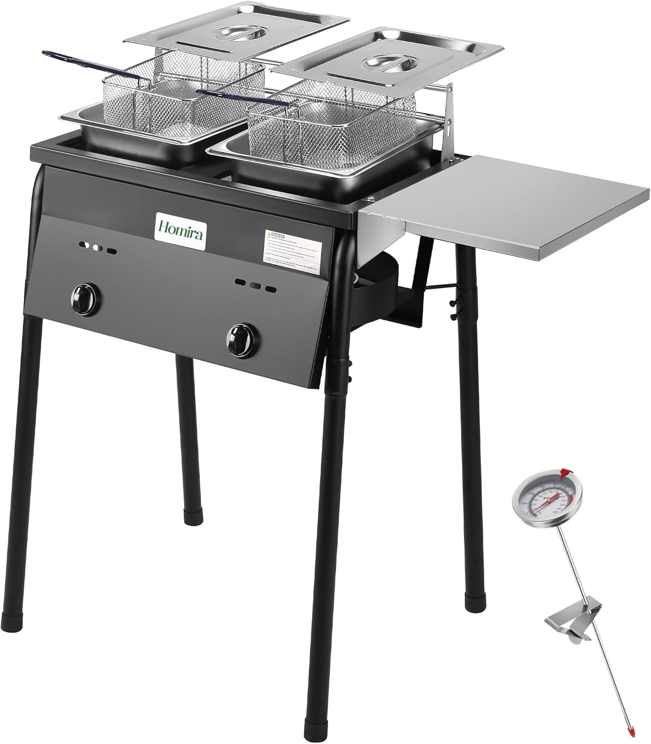HOMIRA Iron Two-Tank Propane Deep Fryer with Thermometer, 2 Stainless Steel Baskets and Lids Fish Fryer with Adjustable Temperature Regulator, Outdoor Dual Fryer for Frying