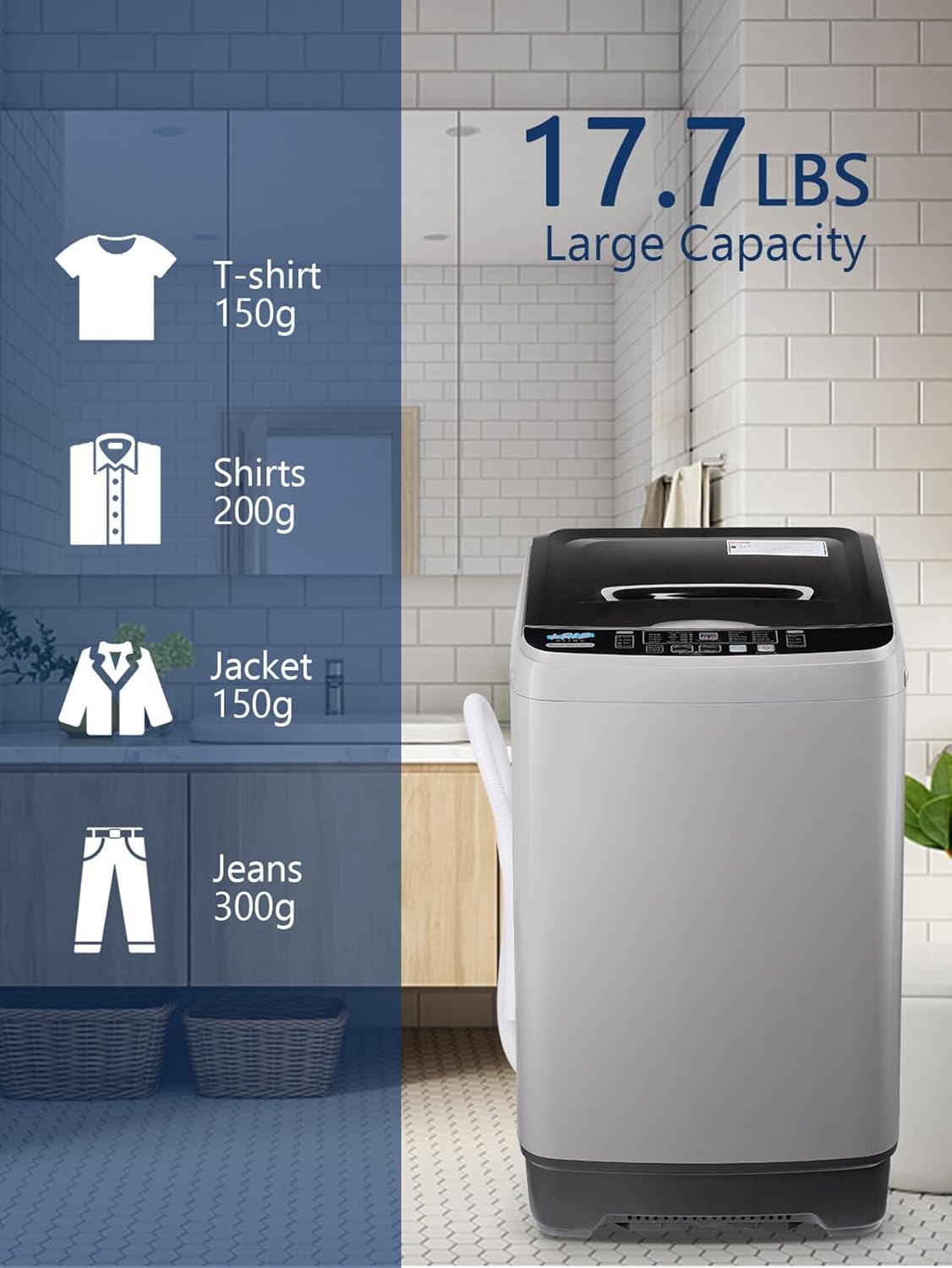 Full Automatic Washing Machine with LED Display, 17.7 lbs Portable Washer Drain Pump, 10 Programs & 8 Water Levels Selections, Ideal for RV, Kitchen Camping, Apartment, Dorm, Dark Grey