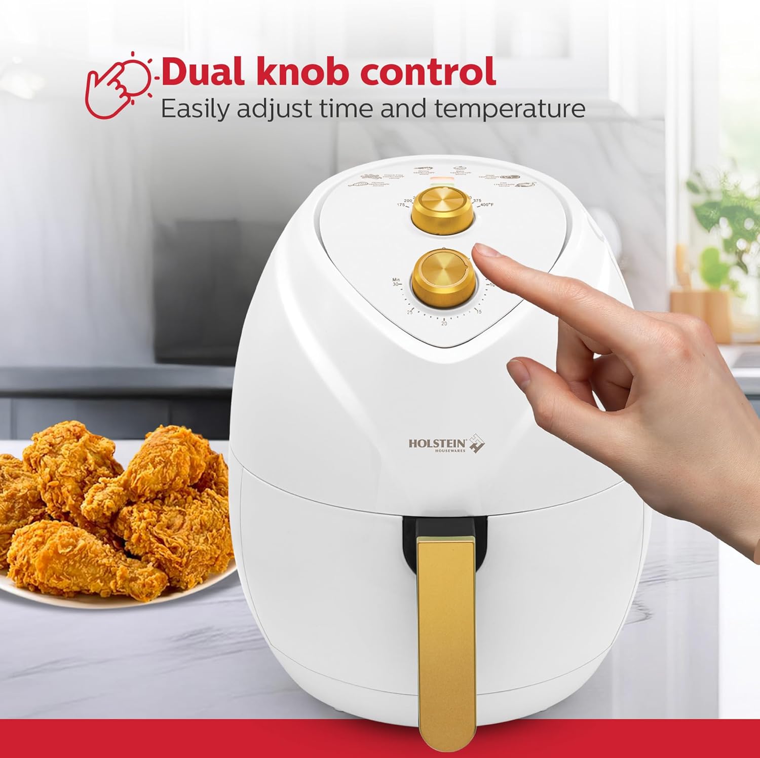 Holstein Housewares 4.8QT Air Fryer Golden Elegance. Hot Air Technology & PFOA Free Non Stick Coating for Less Oil Use with Led Display. No Pre Heating, Fry, Bake, Grill and Roast. White & Gold