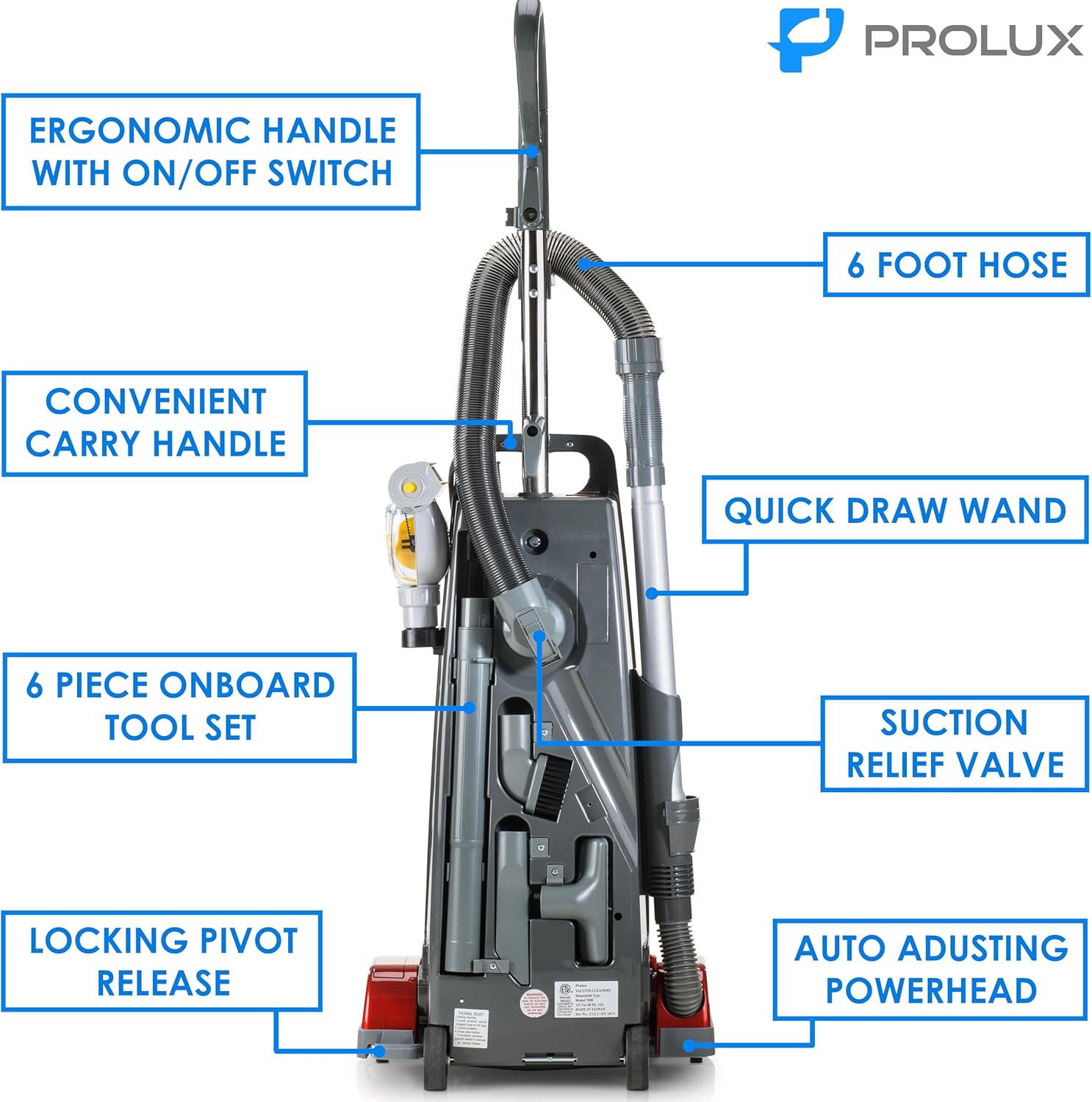 Prolux 7000 Upright Vacuum – Powerful True HEPA Filtration, Bagged Dust Chamber, Stainless Steel Brush Roll, Onboard Tools