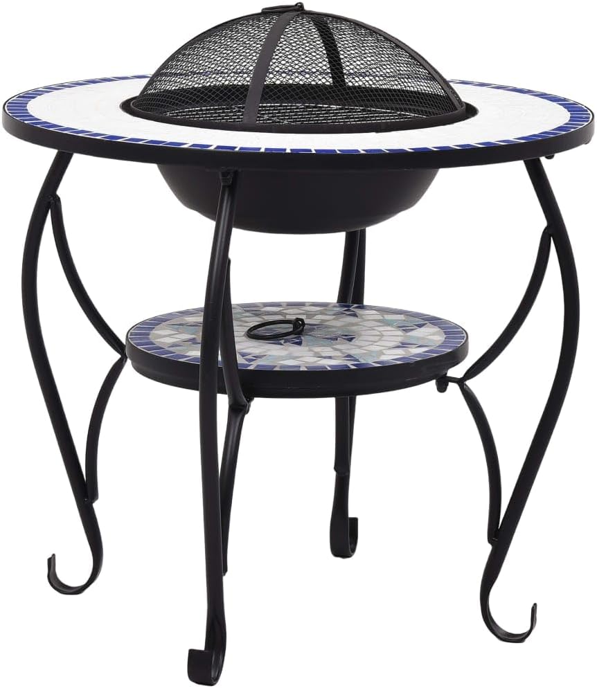 vidaXL Ceramic Fire Pit Table - Versatile Blue and White Mosaic Design - Steel Construction - Ideal for Garden, Patio, Evening Gatherings, BBQ