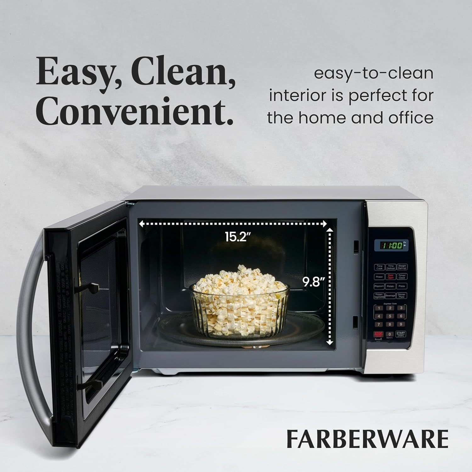 Farberware 1.3 Cu. Ft. Countertop Microwave Oven – 1000 Watts Power, Auto Cook Settings, Defrost, Easy Clean and Child Safety Lock - Stainless