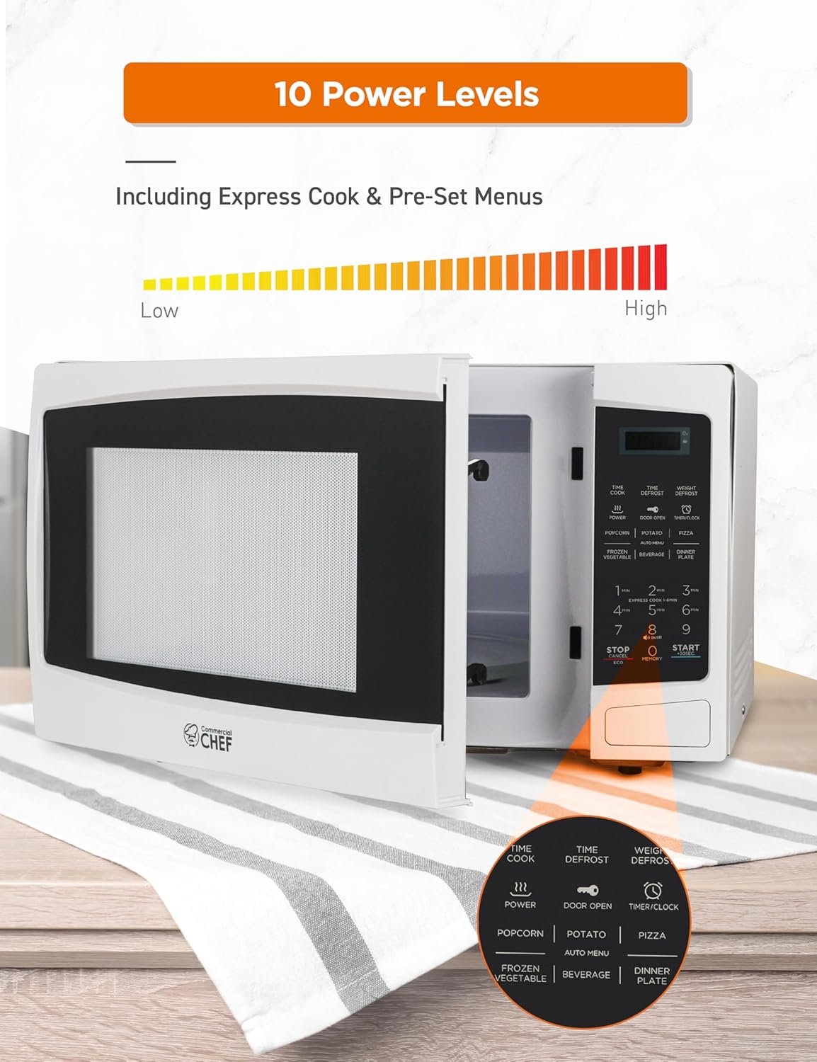 COMMERCIAL CHEF 1.1 Cu Ft Microwave with 10 Power Levels, Microwave 1000W with Push Button Door Lock, Countertop Microwave with Microwave Turntable and Digital Controls, White