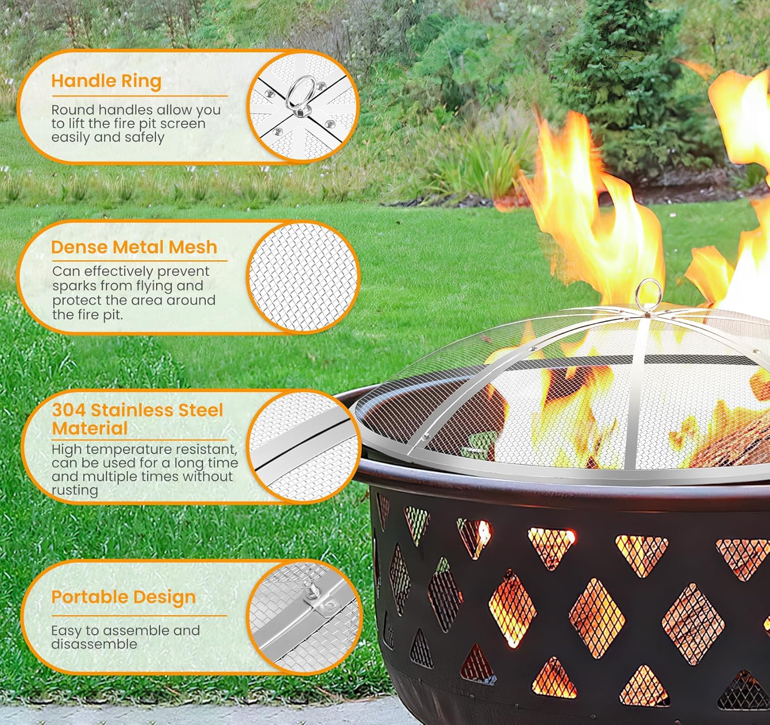 Fire Pit Spark Screen 40 Inch Round, Heavy Duty Stainless Steel Outdoor Fire Pit Screen Cover with Foldable Hook & Marshmallow Sticks, Mesh Spark Protector for Backyard, Camping, Beach
