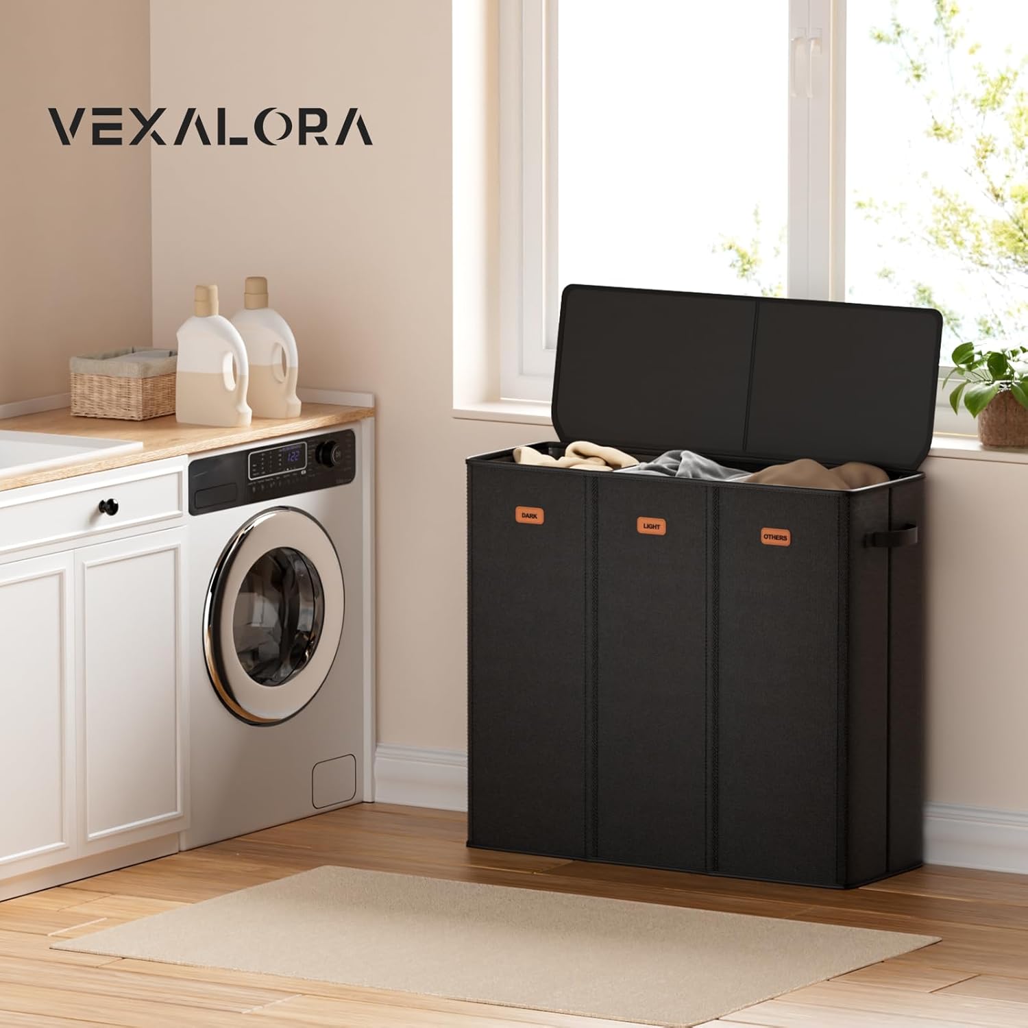 185L Laundry Hamper 3 Section, Laundry Hamper with Lid, Dirty Clothes Hamper with 3 Removable Washing Bags, Extra Large Laundry Basket Organizer for Bedroom, Laundry Room, Dorm - Black