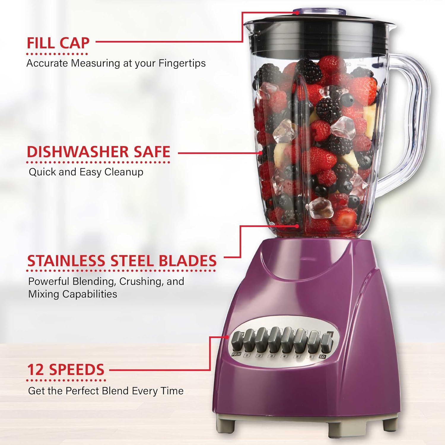 12-Speed Countertop Blender with Pulse Function – 50oz BPA-Free Jar, Stainless Steel Blades, Ice Crusher & Smoothie Maker, 350W Kitchen Blender (Purple)