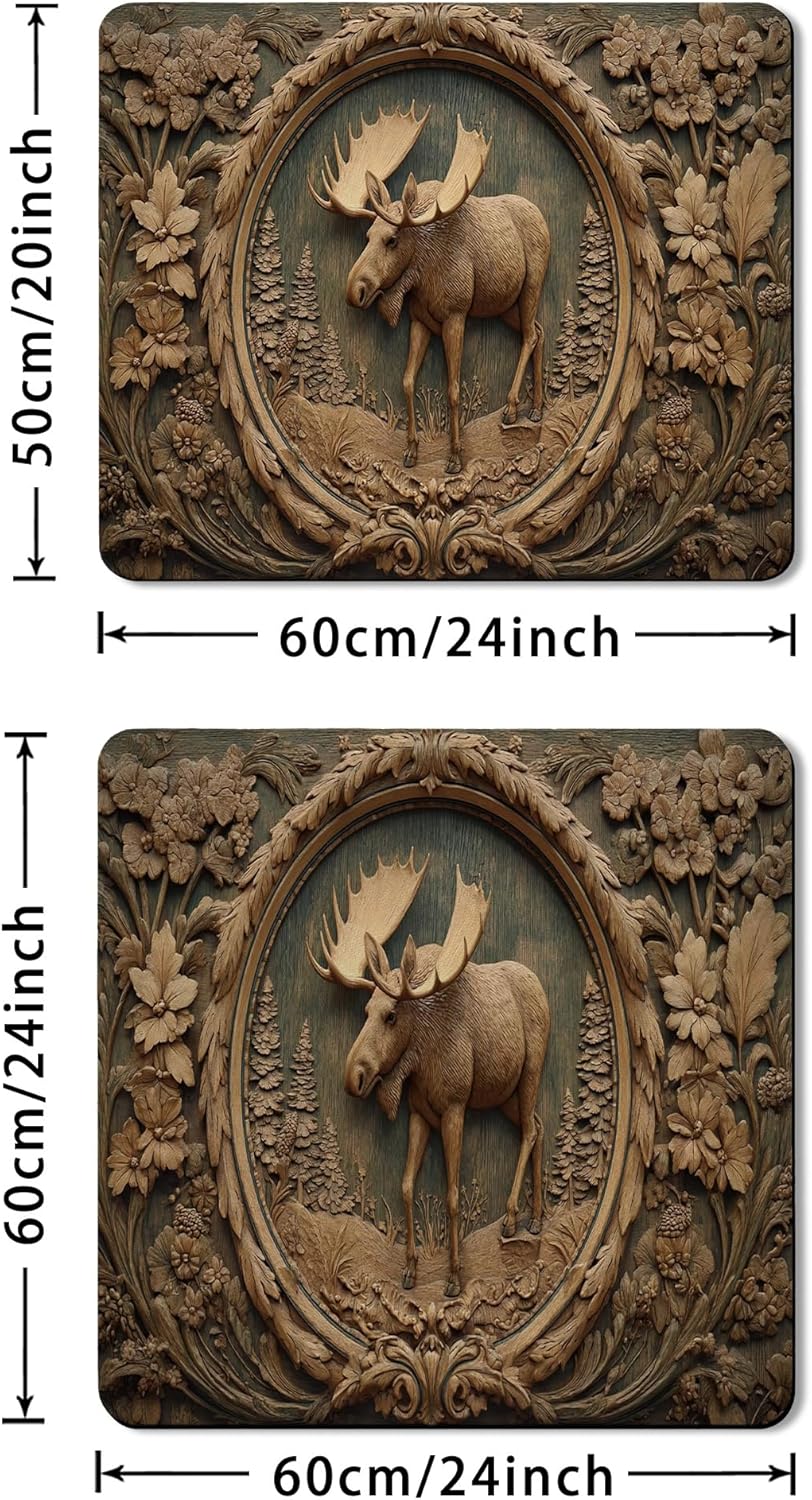 Moose Washer Dryer Top Protector Mat, Rustic Wood Carving Laundry Machine Dust Covers, Nature-Inspired Rubber Anti-slip Waterproof Washer And Dryer Mats for Laundry Room 24x24 Inch