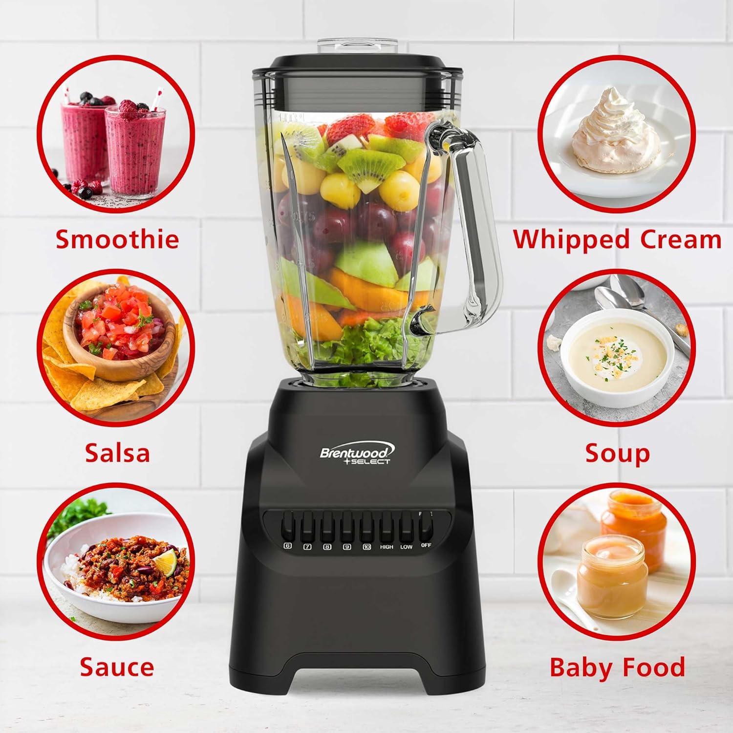 Brentwood Select JB-500BK 10-Speed Countertop Blender with Pulse Button, 5.3-Cup Glass Jar, Stainless Steel Blades, Non-Slip Base, Dishwasher-Safe Parts, Black
