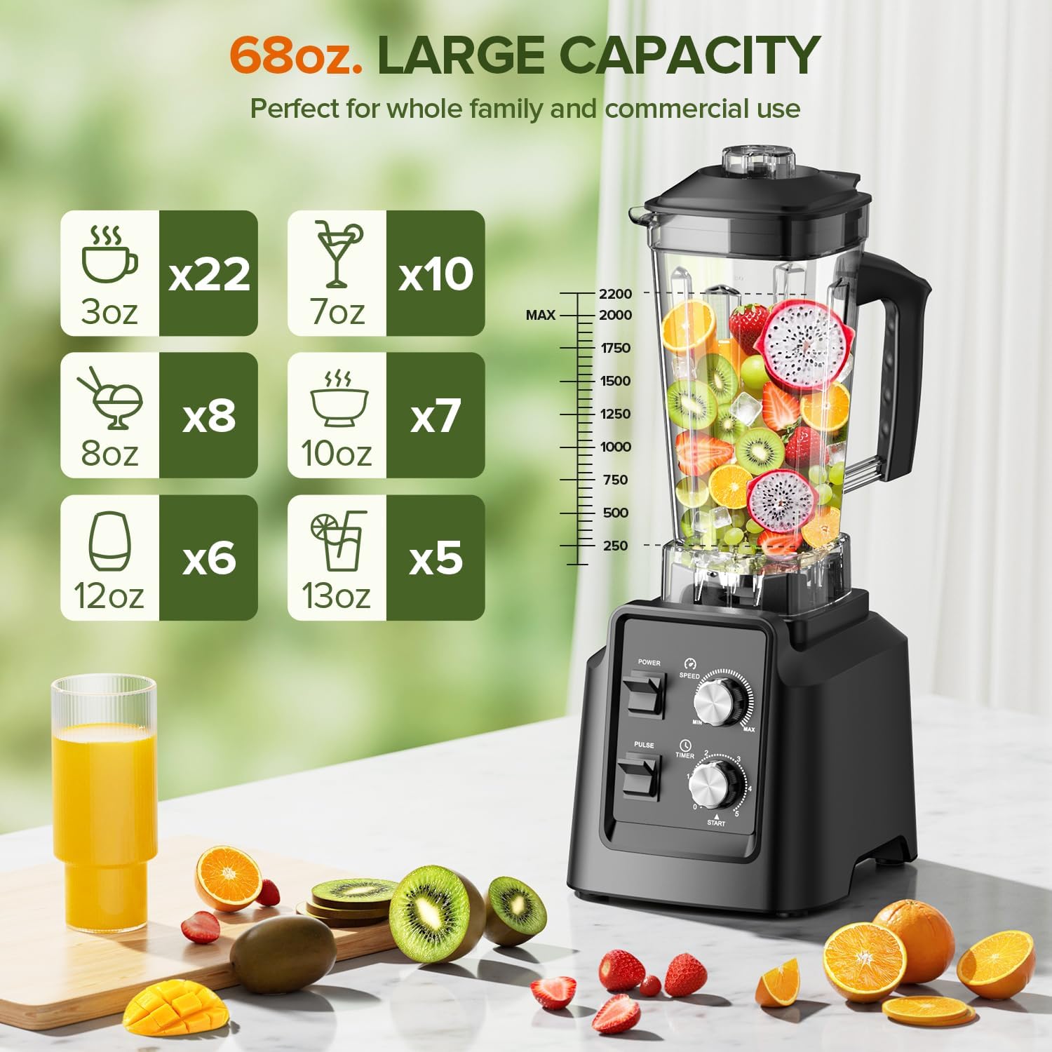 Blenders for Kitchen, Smoothie Blender with Timer - Countertop Blenders with 68oz Dishwasher-Safe Pitcher, Ice Crushing & Frozen Fruit, Black