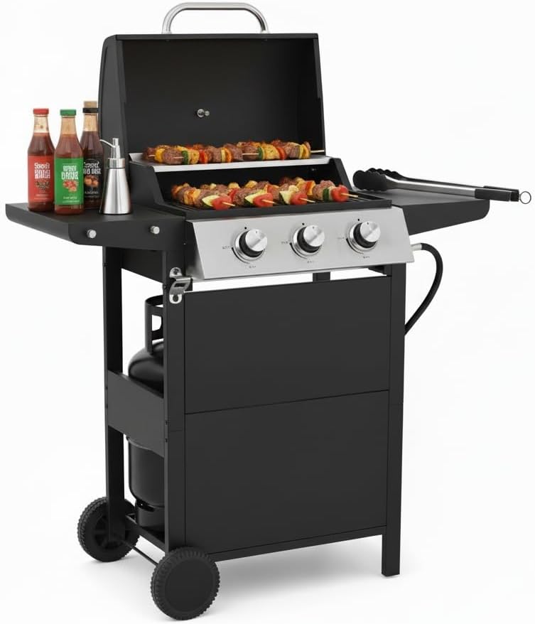 3 Burner Propane Gas Grill with Wheels,26,000 BTU Outdoor BBQ Grill - Portable Stainless Steel Garden Barbecue Grills Grill with 2 Foldable Side Tables for Outdoor Camping Cooking,Easy Clean