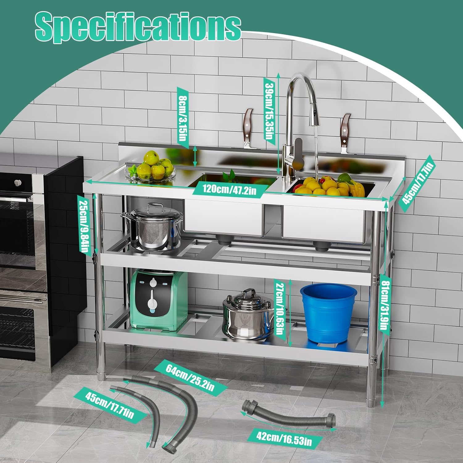 Double Utility Sink, (47.2x17.7x31.9in) Stainless Steel Table with Sink with Water Faucet and Drainage Pipes, Outdoor Sink Kitchen Appliances for Laundry Room Garage Dorm