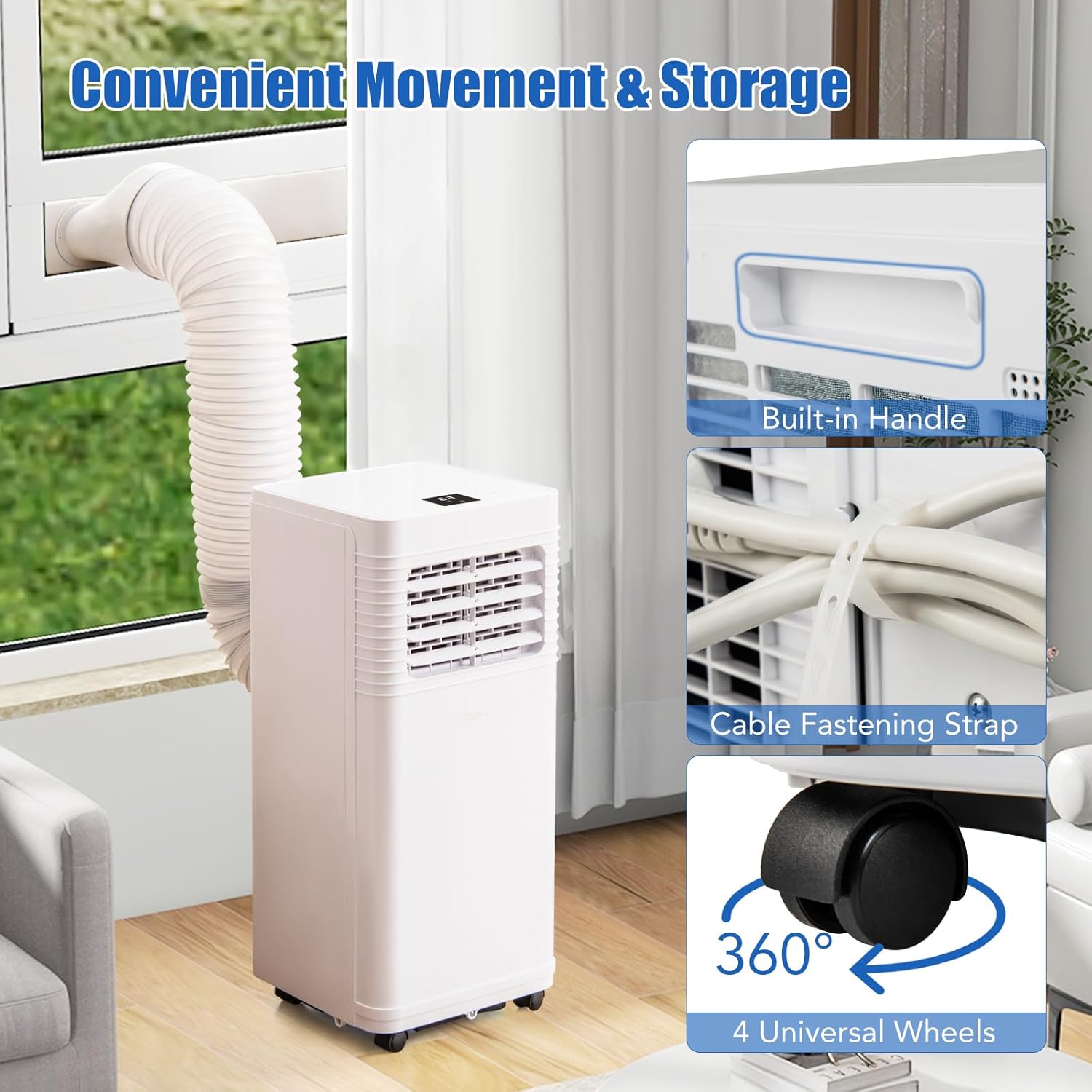 COSTWAY Portable Air Conditioner, 8000 BTU Air Conditioner with Fan & Dehumidifier, 24H Timer & Remote Control, Window Installation Kit, AC Unit Cools Rooms up to 250 Sq.Ft (8000 BTU)