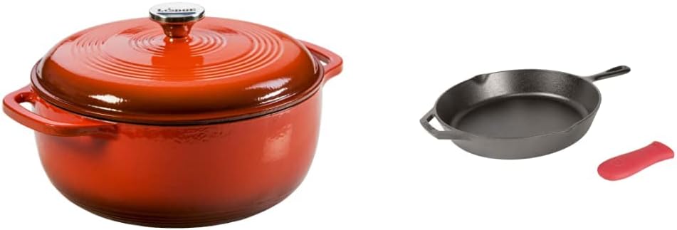 Lodge Enameled Cast Iron Dutch Oven, 6 Qt, Poppy & Cast Iron Skillet with Red Silicone Hot Handle Holder, 12-inch