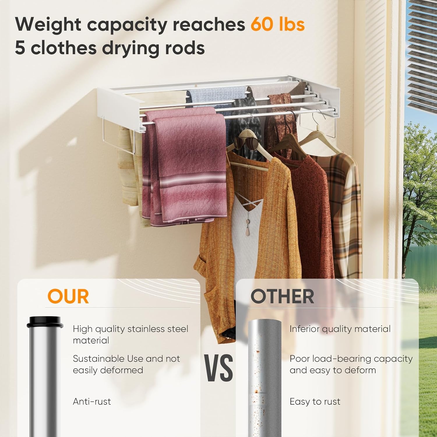 Wall Mounted Drying Rack, Laundry Clothes Drying Rack Foldable, Collapsible Hanger Clothing Wall Mount with 2 Towel Handles and Wall Template for Indoor Outdoor Hanging Clothes, 5 Rods, 31.5 Inch