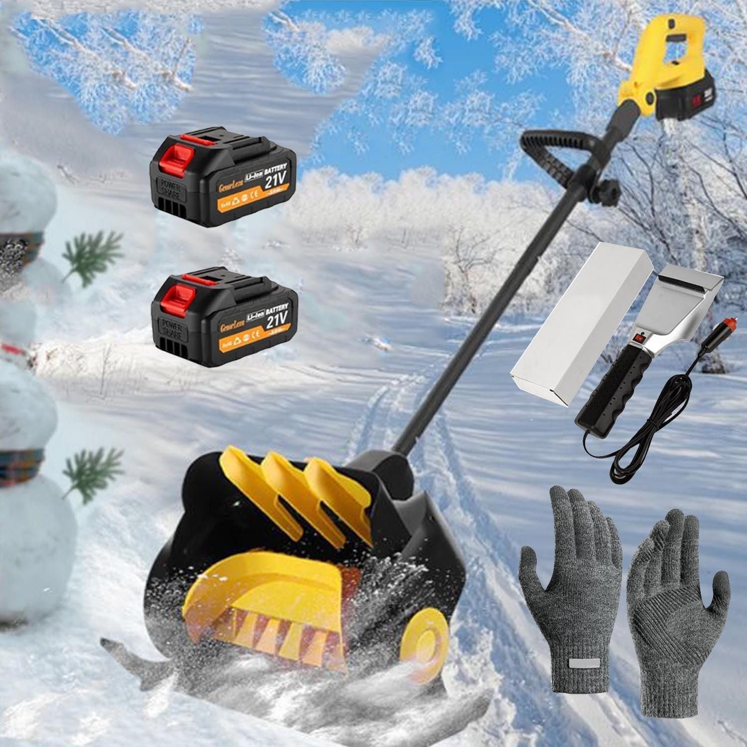 Cordless Snow Shovel w/Gloves+Heated Snow Shovel,Electric Snow Blower for Driveway-Adjustable Front Handle 90° Rotates,41cm Width, 15cm Depth,10m Throwing Distance(2 Batteries),Yellow