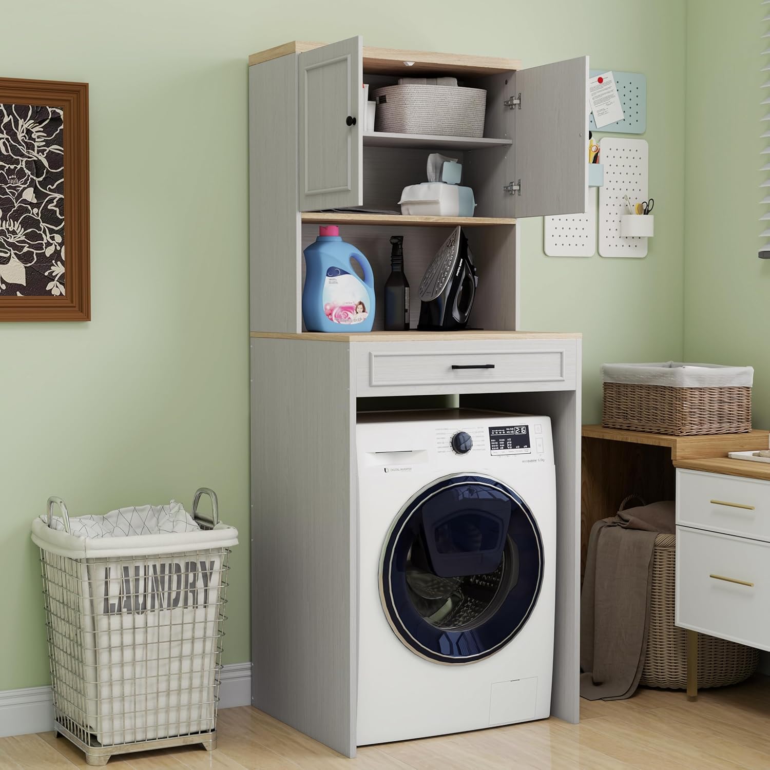 Over-Washer & Dryer Storage Cabinet - Features Fake Drawer Design,Adjustable Shelf,Wide Tabletop, and Anti-Tip Safety -Laundry Room Organizer for Space-Saving Storage Above Appliances