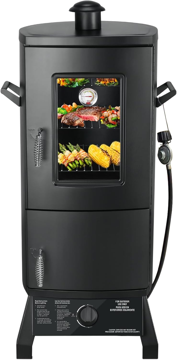 Propane Smoker, Vertical Smoker with Three Removable Shelves,Outdoor Grills & Smokers with Thermometer for BBQ, Backyard,Black…