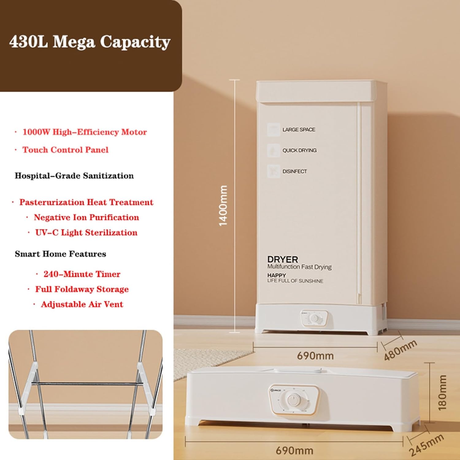 1000W Portable Clothes Dryer,Automatic Steam Iron & Hanging Garment Steamer,Fast Hot-Air Drying and Daily Wrinkle Care for Shirts/Pants,at Home or Travel Use