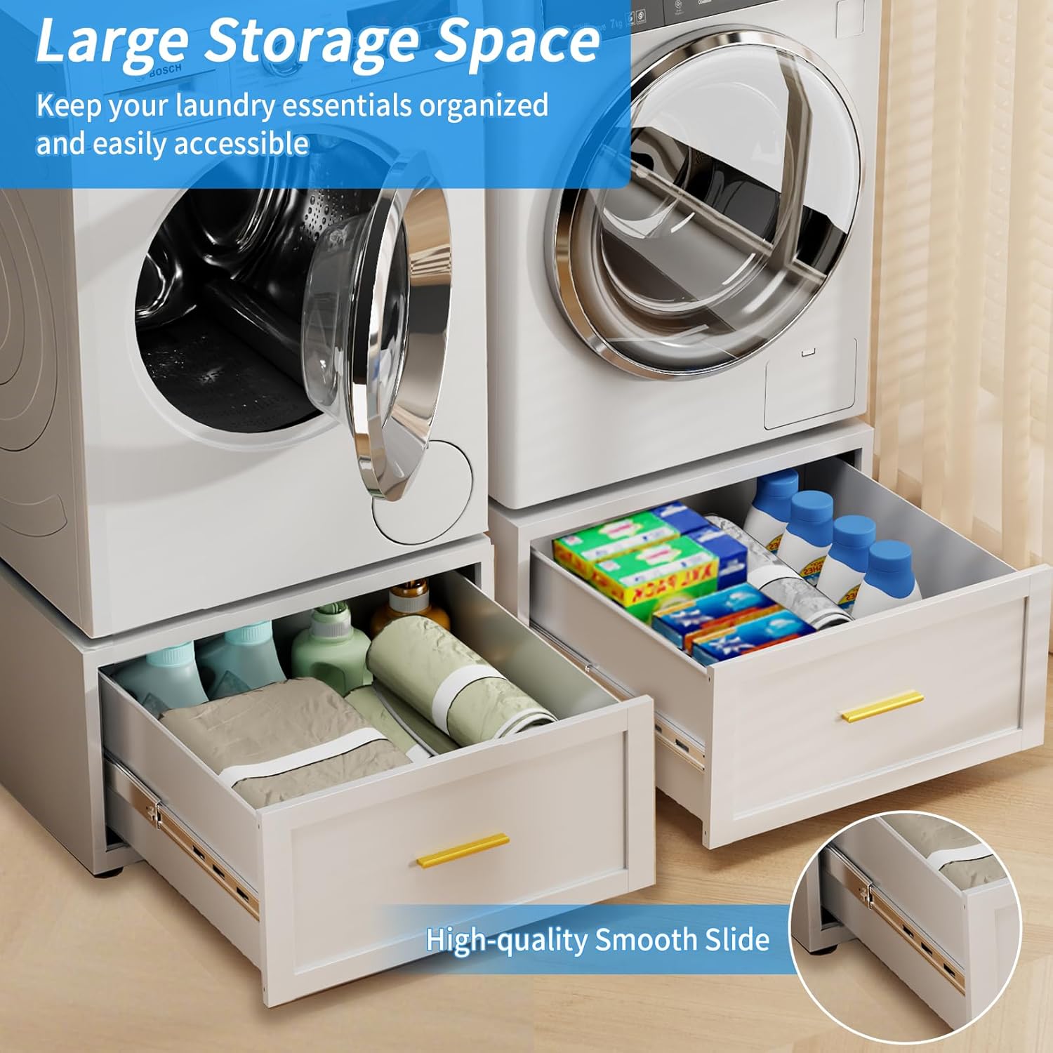 2 Pack Metal Washer and Dryer Pedestal, 28''W Heavy Duty Washing Machine Base Stand with Storage Drawer, Universal Fit Anti-Vibration Laundry Pedestal for Washer and Dryer, 440 LBS Capacity (White)