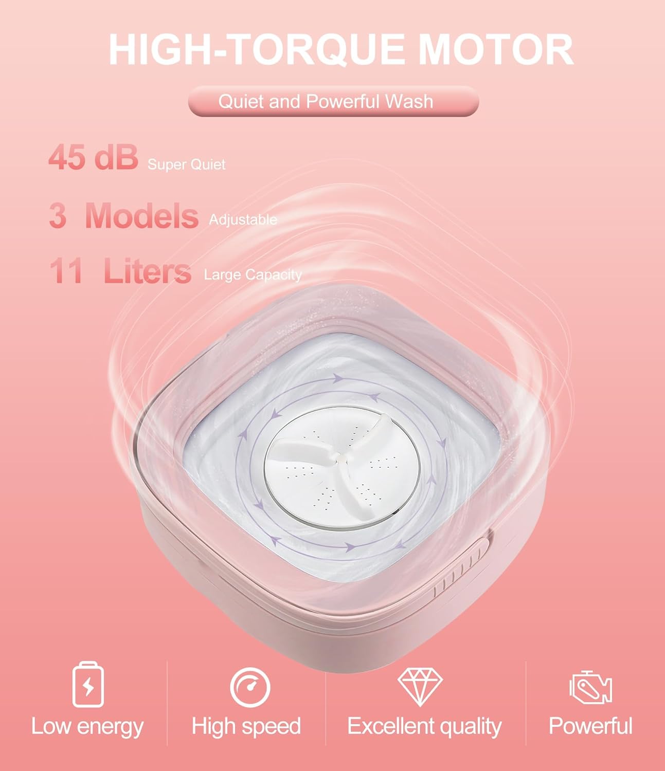 Mini Washing Machine 11L, Portable Washing Machine 3 Modes Deep Cleaning for Underwear, Baby Clothes or Socks, Mini Portable Washer Suitable for Apartments, Dorm, Camping, RV, Travel Laundry(Pink)