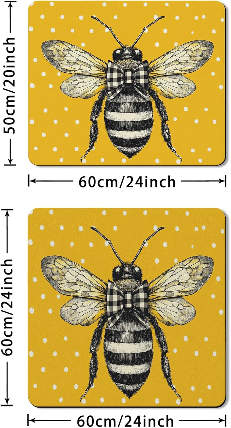 Bee Themed Washer Dryer Top Protector Mat, Vintage Illustrated Bee Laundry Machine Cover, Yellow Seasonal Dust Proof Rubber Anti-slip Waterproof Mats for Laundry Room 20x24 Inch