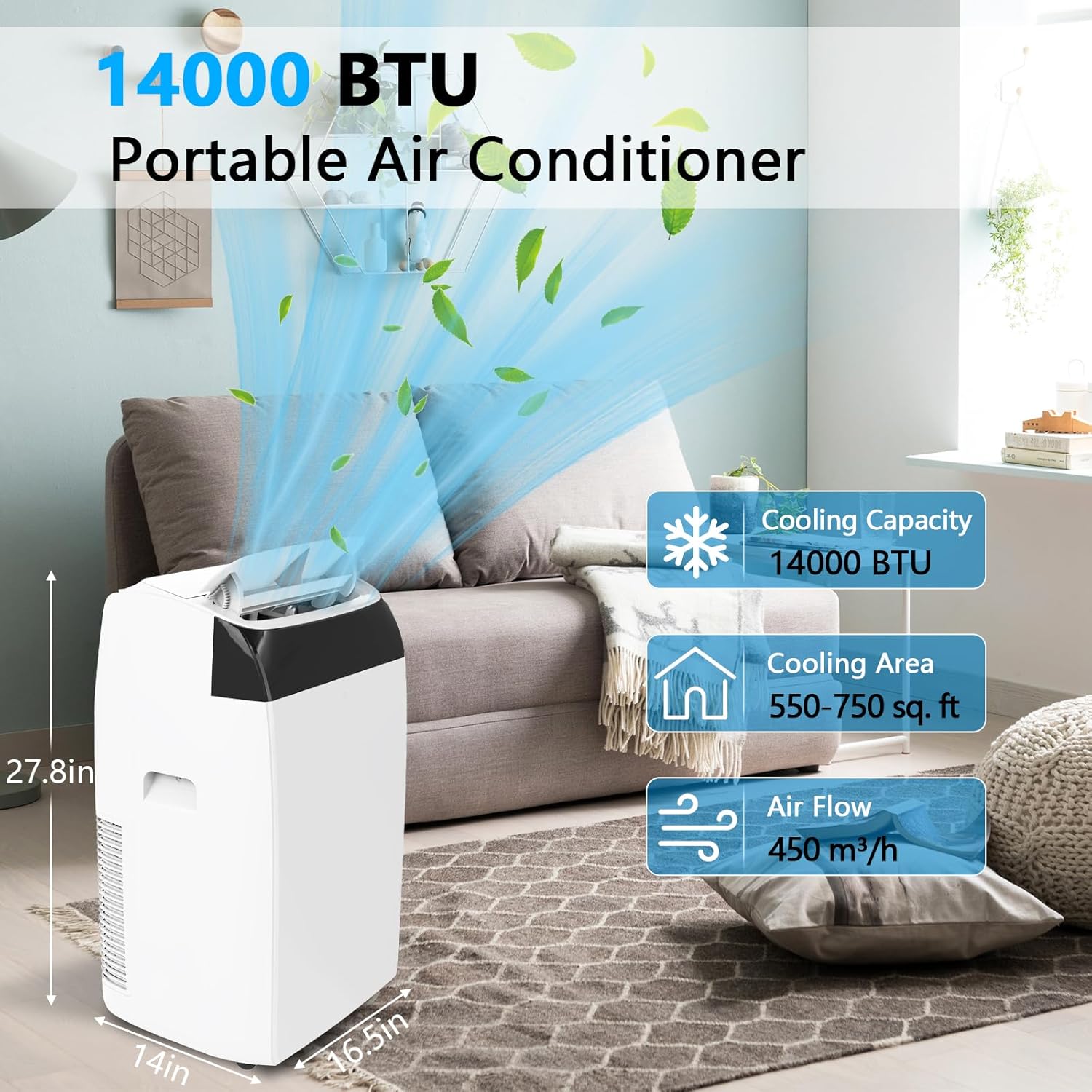 14,000 BTU Portable Air Conditioner with Dehumidifier and Fan for Rooms Up to 750 Square Feet, Portable Air Conditioners with Remote Control, Window Kit Included