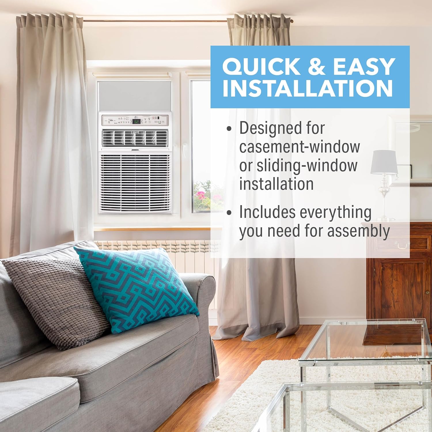 Perfect Aire 10,000 BTU Casement Window Air Conditioner– Cools 450 Sq. Ft. – Remote with Follow Me, Digital LED Display, Timer, R32 Refrigerant, Sliding/Crank-Out Window H: 23.5” x W: 14.75” x D: 21”