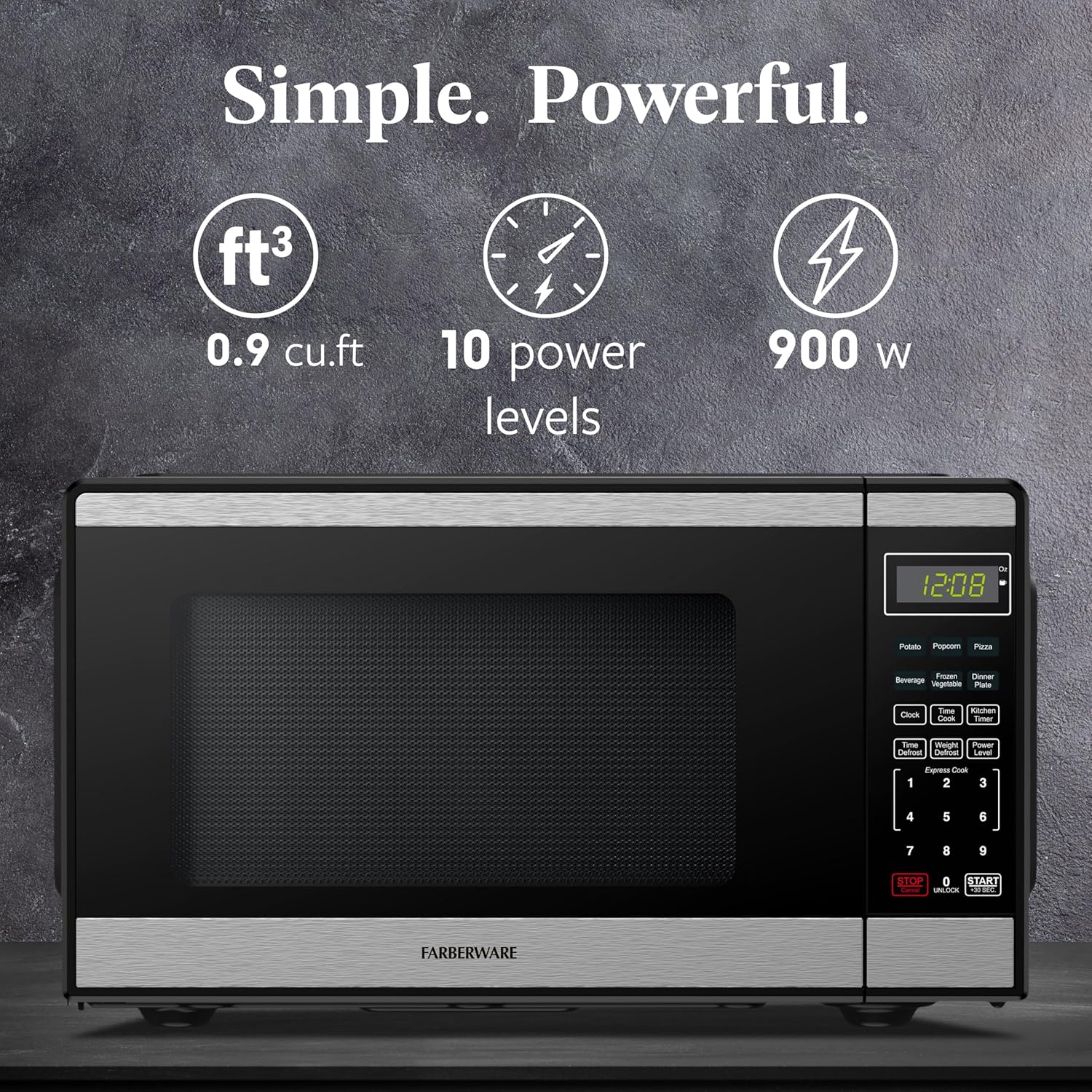 Farberware 0.9 Cu. Ft Countertop Microwave Oven - 900 Watts Power, Auto Cook Settings, Defrost, Easy Clean and Child Safety Lock - Stainless