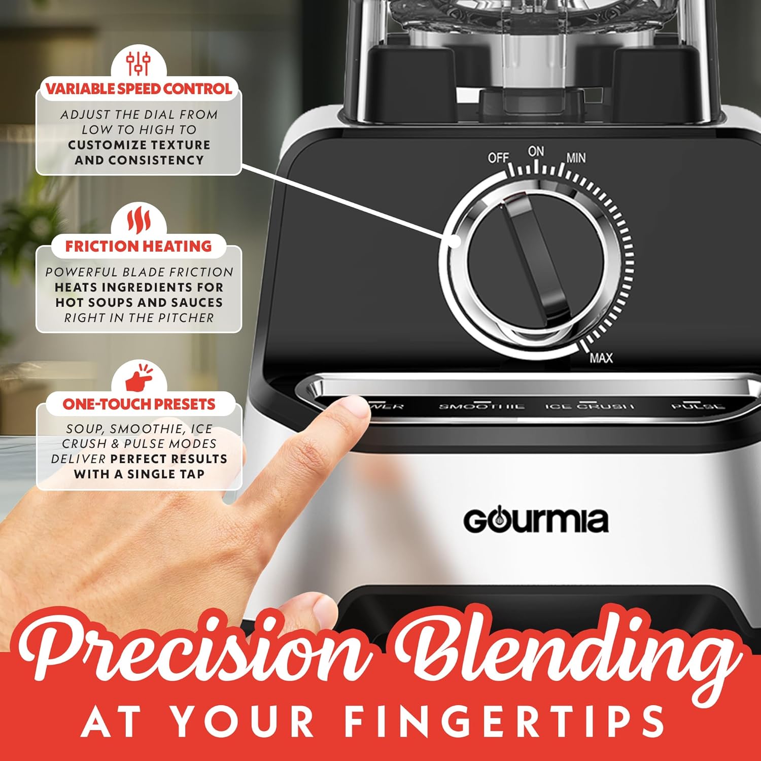 Gourmia Heavy Duty Countertop Blender – 2L BPA-Free Pitcher, 1500W High-Speed Motor, 45,000 RPM, 4 Presets, Variable Speed Dial, Built-In Tamper, Dishwasher-Safe Parts, Stainless Steel