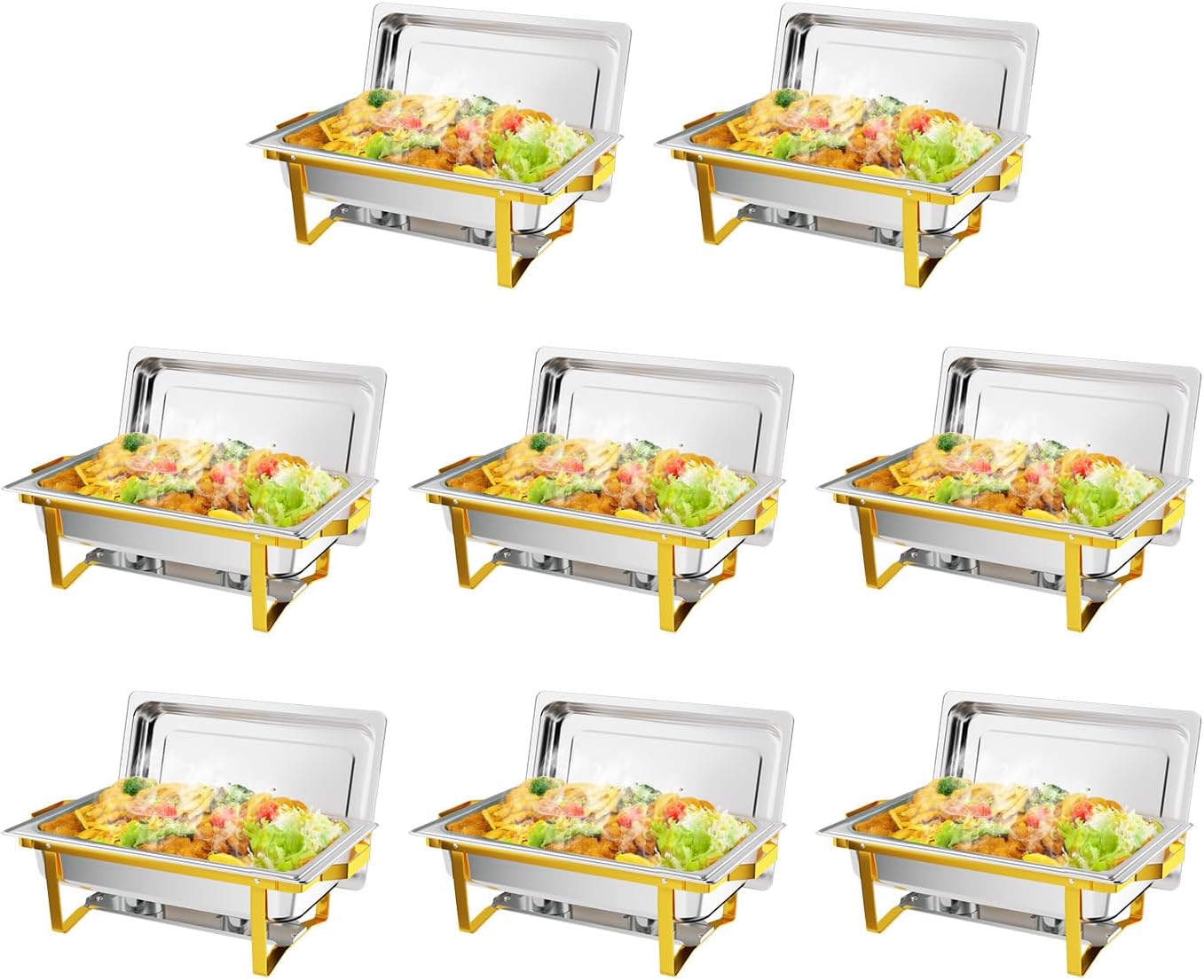 ROVSUN Chafing Dishes for Buffet 8 Pack, 9QT Chafing Dishes [Elegant Gold & Silver] with Rolled-Edge Design, Catering Chafer Warmer Set with Folding Frame for Party Wedding Banquet