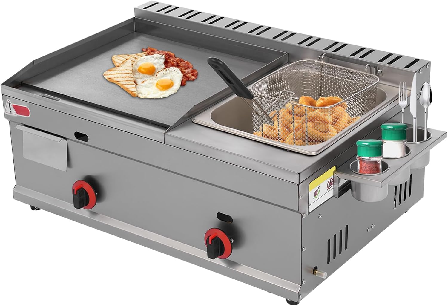 Commercial Gas Propane Grill, Heavy Duty Manual Flat Top Restaurant Grill, Stainless Steel Multi-Purpose Countertop Double Burner, BBQ Hot Plate Grill and Deep Fryer for Cafeterias and Restaurants