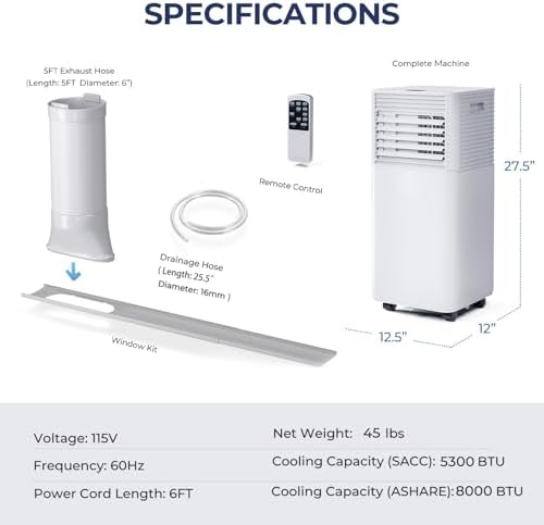 KOTEK Portable Air Conditioners, Air Conditioner for Rooms up to 230 Sq Ft, Ac Unit with Remote Control, 2 Speeds, 4 Modes, 24H Timer & Window Installation Kit for Home/Office/Dorms (White, 8000 BTU)