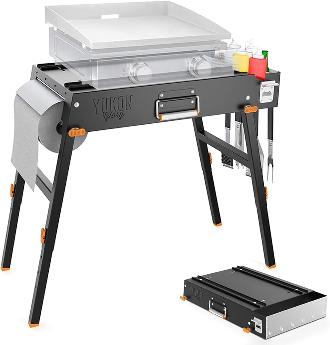 Yukon Glory™ Universal Portable Grill Table/Flat Top Grill Griddles Stand with Built in Caddy - Designed to Fit Tabletop Blackstone Griddle & Many Others - Outdoor Cooking Camping & Tailgating