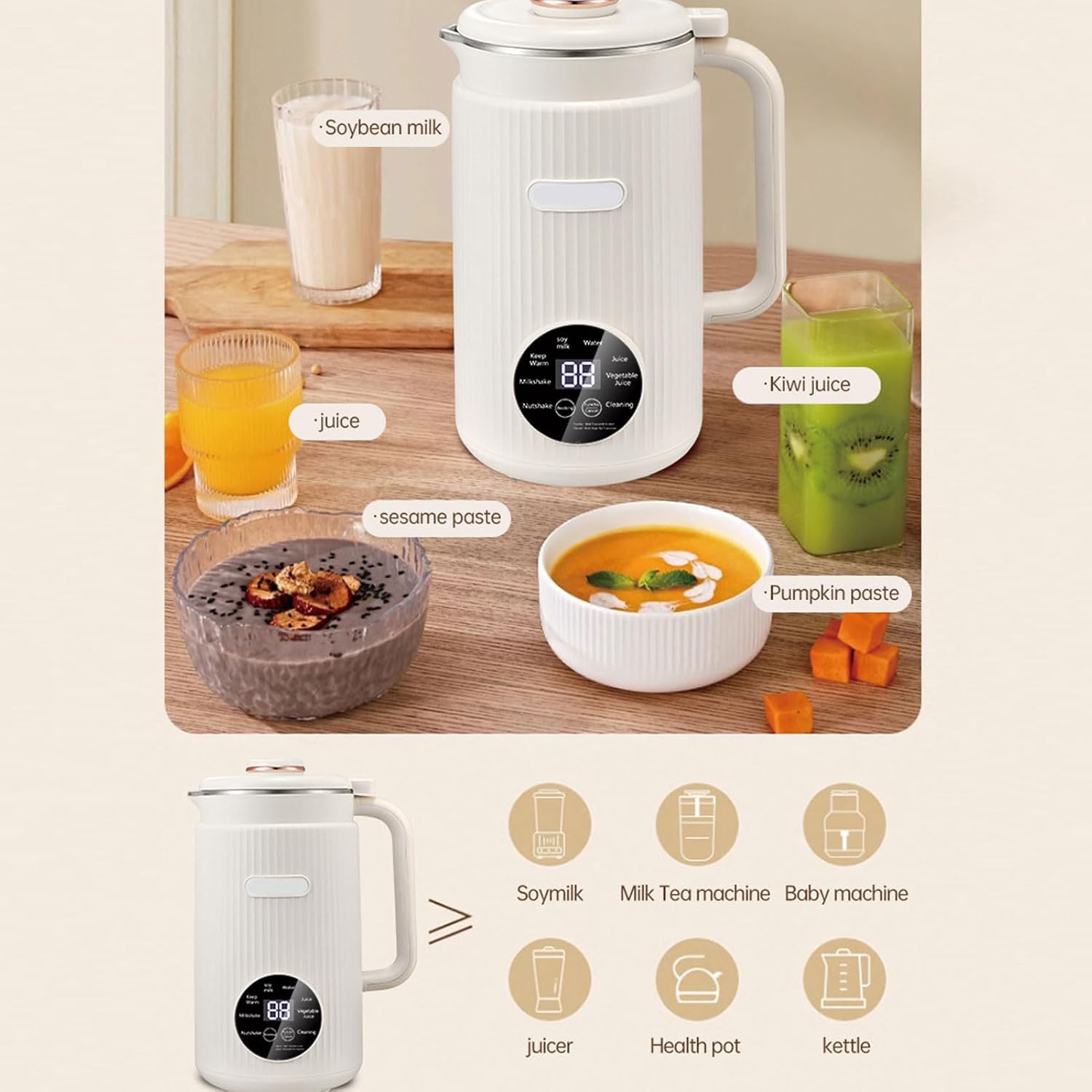 Irishom Nut Milk Maker, Soy Milk Maker Programmable Blender with Digital Display 12 Stainless Steel Blades Auto Cleaning 8H Keep Warm Function (White)