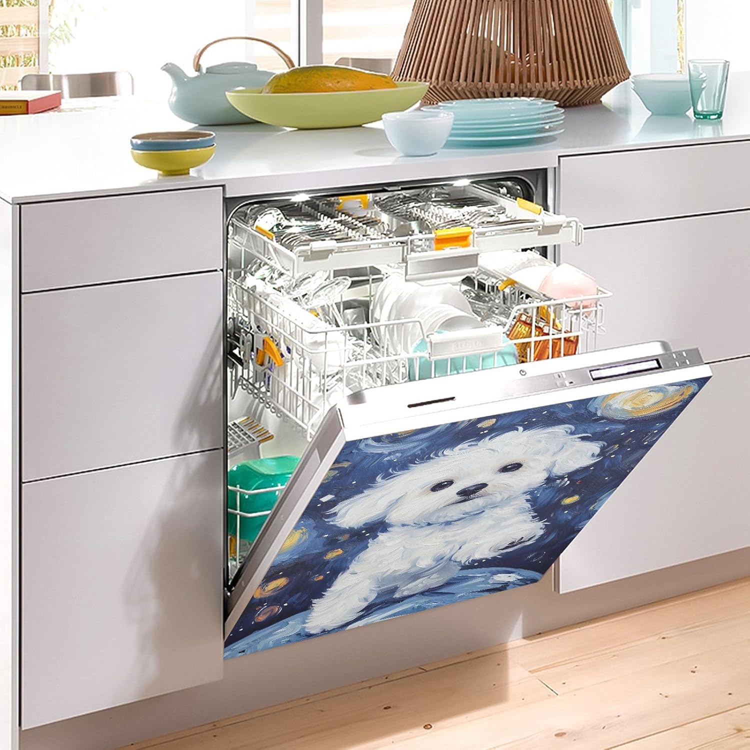 Dishwasher Magnet Cover Large Magnetic Stickers White Dog Walking Front Dishwasher Cover Reusable Decal for Home Kitchen Anti-Scratch Refrigerator Decorative Lid Washing Machine Laundry 23