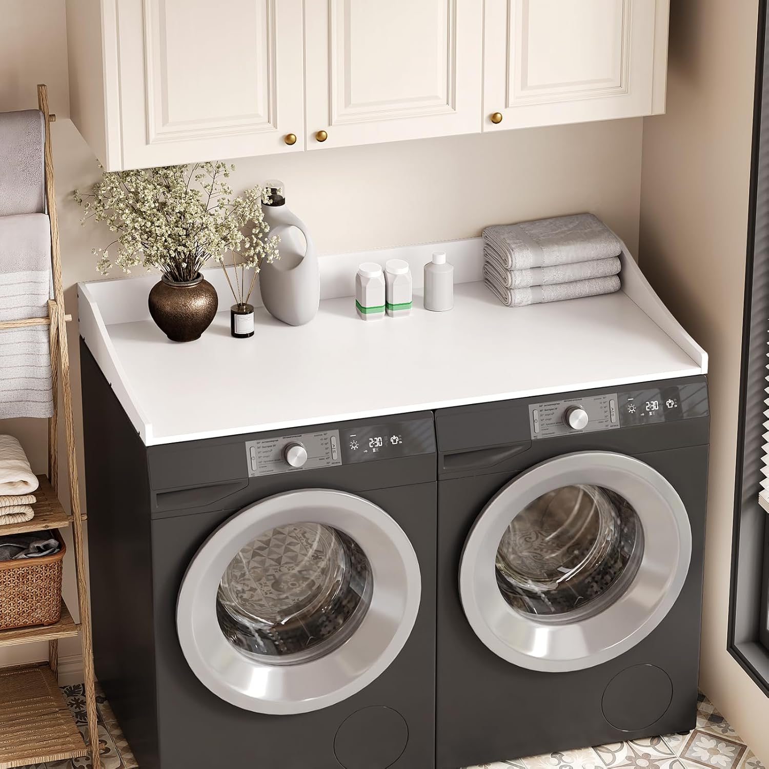 54'' Washer Dryer Countertop, Laundry Room Organization Washer and Dryer Combo Countertop Organizer with Non-Slip Mat, White