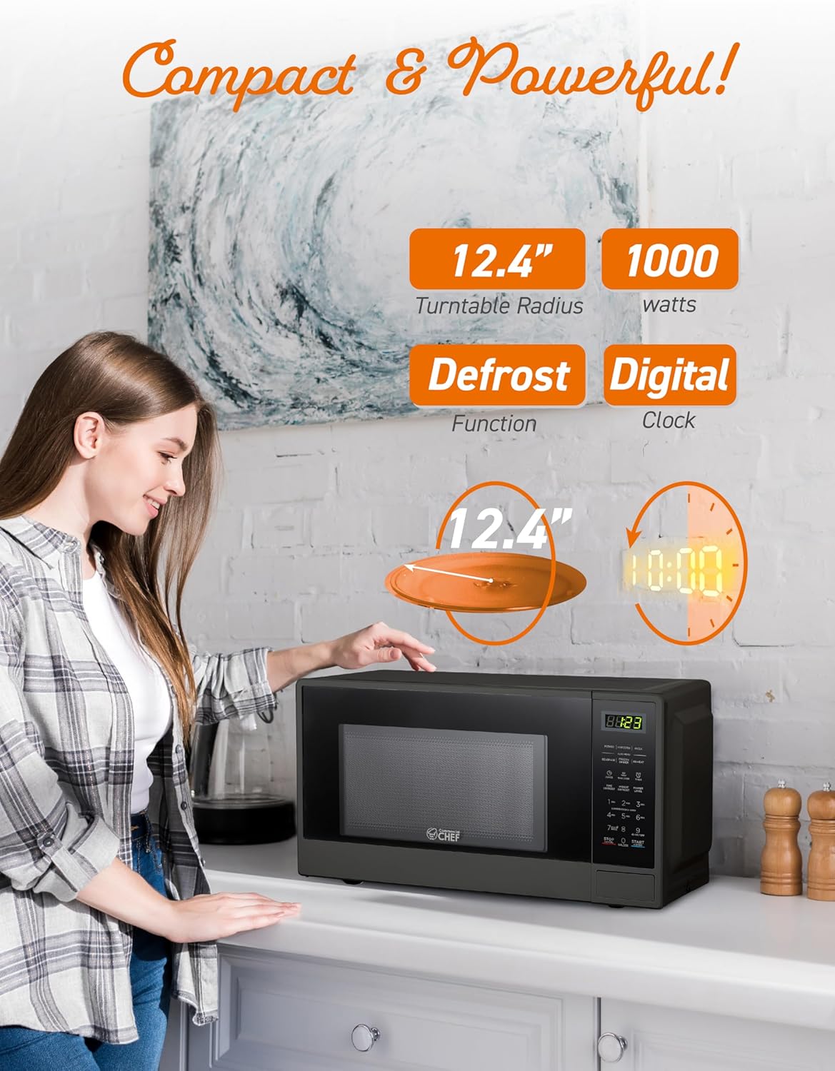 COMMERCIAL CHEF 1.1 Cu Ft Microwave with 10 Power Levels, Small Microwave with Push Button, 1000W Countertop Microwave with Kitchen Timer, Door Lock, & Digital Controls, Black