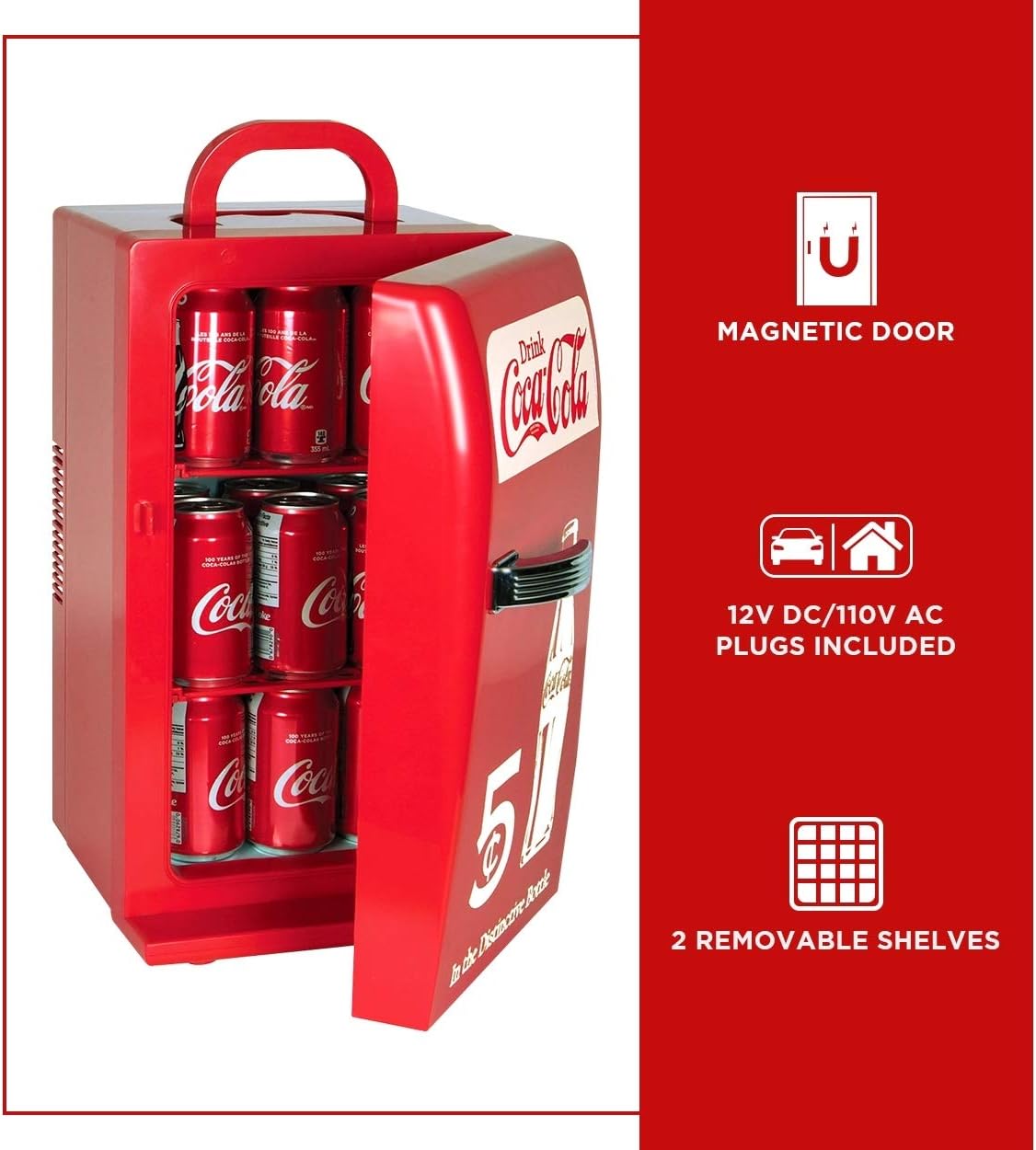 Coca-Cola Retro 18 Can Mini Fridge w/ 12V DC and 110V AC Cords, 22L (23 qt), Portable Cooler, Red, Travel Fridge for Drinks, Snacks, Lunch, Home, Office, Dorm Room, RV