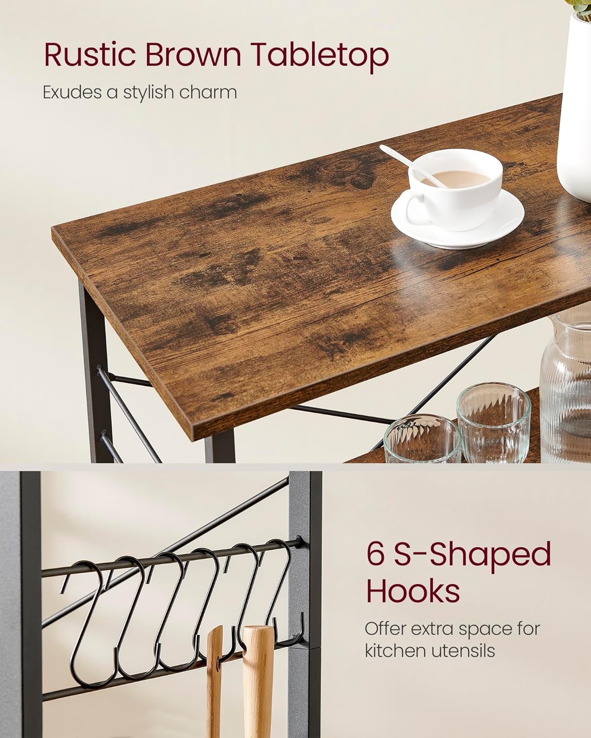 VASAGLE Kitchen Shelf on Wheels, 31.5 Inches Serving Cart with 3 Shelves, Kitchen Cart, Microwave Shelf, for Mini Oven, Toaster, with 6 Hooks, Industrial Style, Rustic Brown and Ink Black UKKS067K01