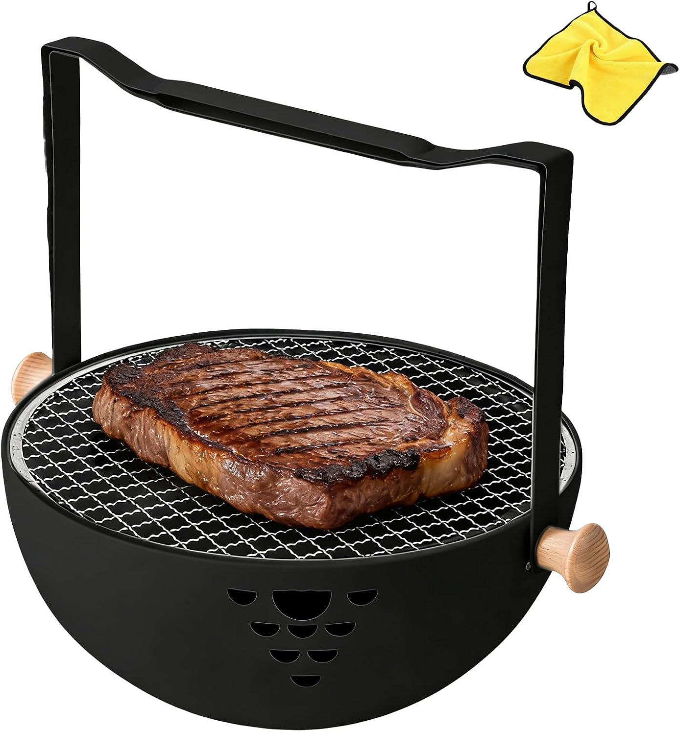 Grill Charcoal, Foldable Portable Heat-Resistant Stove, Barbeque Grill with Anti-Scalding Handle, for Outdoor Garden Table Travel Picnic Pan-Fried Meat Tea Brewing (Black,With Frying Pan)