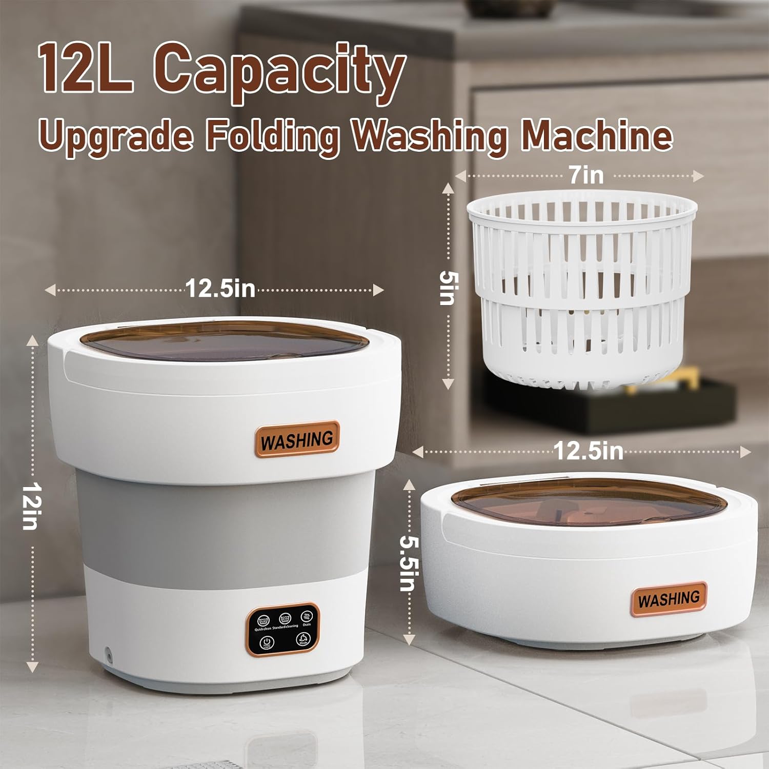 Portable Washing Machine - The Upgraded 12L Foldable Mini Washer with Powerful Cleaning & Low-Noise Design | Perfect for Household, Baby Clothes, Travel, Apartments/Dorms/RVs （Grey-White)