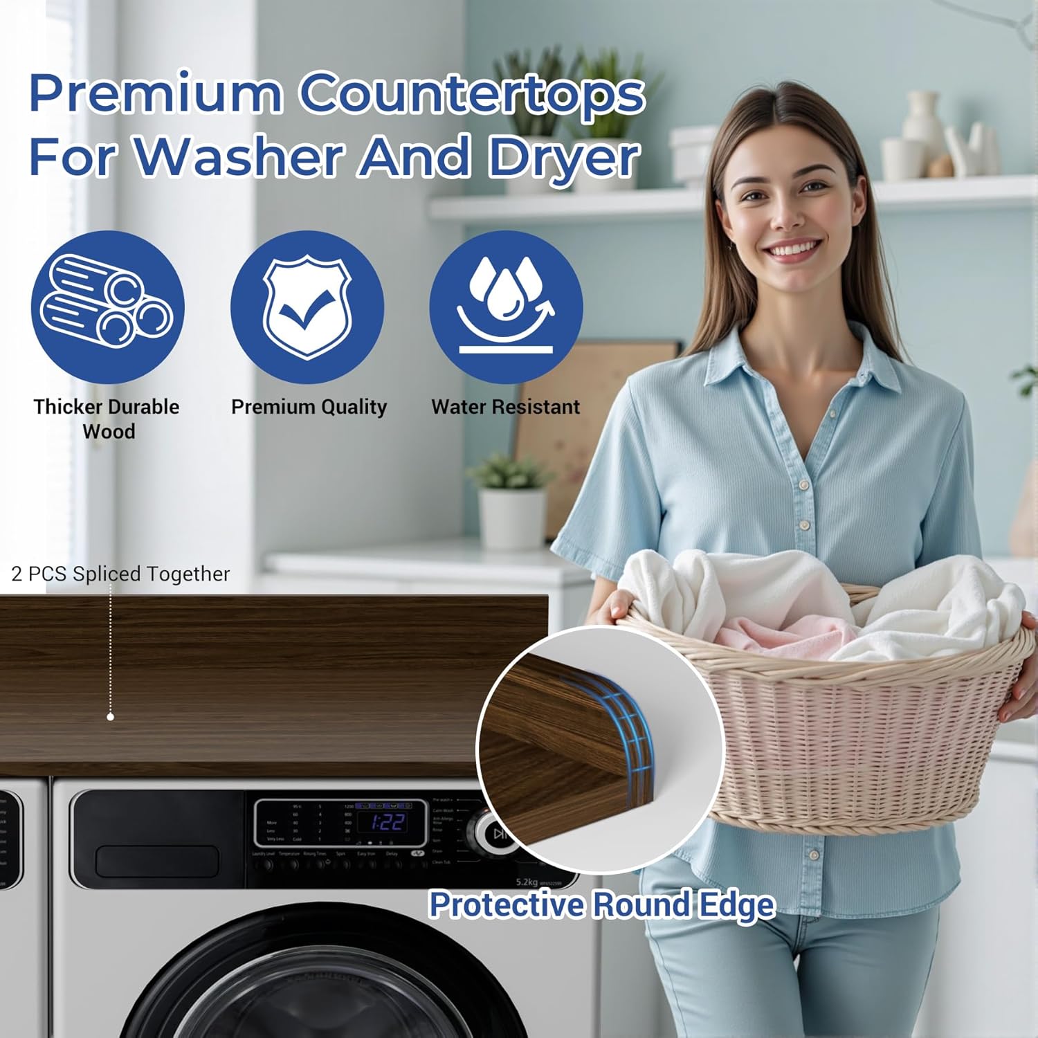 COOLBEBE Washer Dryer Countertop, Wood Washer Dryer Topper with Edge, 54