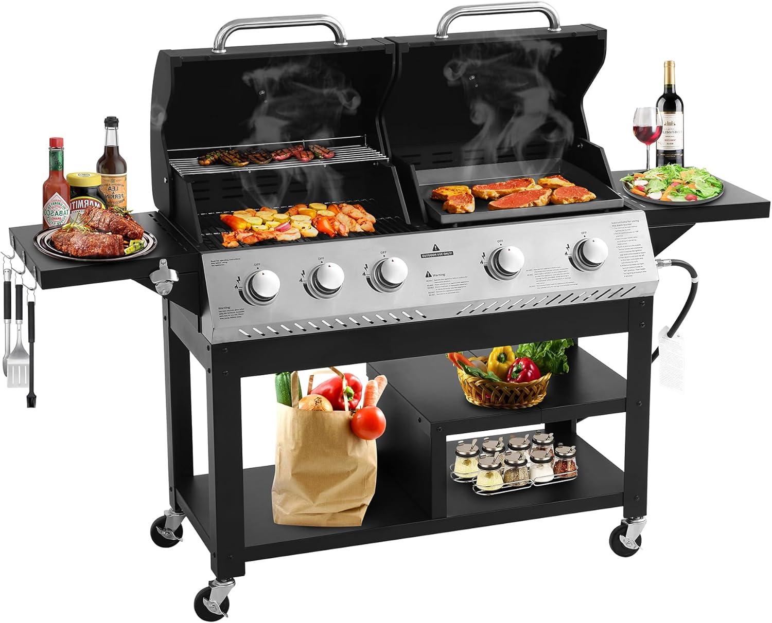 5-Burner Propane Gas Grill with Porcelain-Enameled Cast Iron Grate, Outdoor BBQ Grill 54000 BTU with 2 Side Table, Griddle Grill Combo with Hooks for Patio Garden Backyard Barbecue