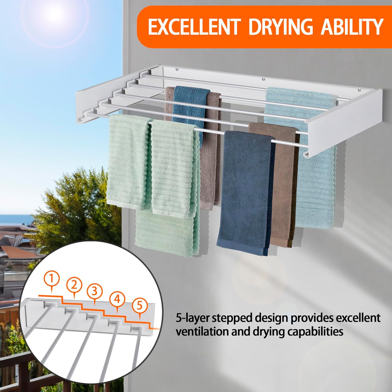 FOCHIER F Laundry Drying Rack Wall Mounted Clothes Drying Rack Collapsible with 5 Aluminum Rods and Drilling Template Long Screwdriver Bit 60 lbs Capacity (White, 31.5