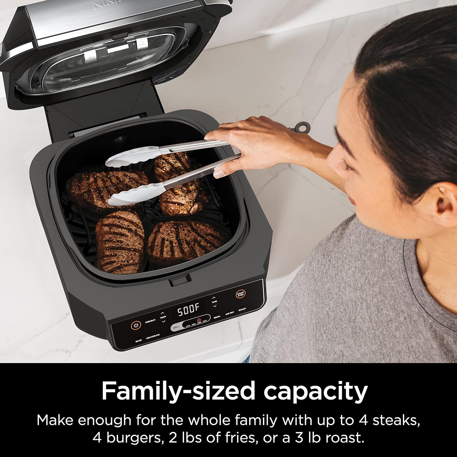 Ninja EG201 Foodi 6-in-1 Indoor Grill with Air Fry, Roast, Bake, Broil, & Dehydrate, 2nd Generation, Dishwasher Safe, Black/Silver