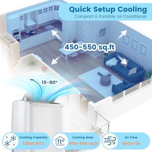 Acekool 12000 BTU Portable Air Conditioner, Portable AC for Room up to 550 Sq.Ft, 3-in-1 Functions/Digital Display/24 Hrs Timer/Caster Wheels with Remote Control for Home/Office/Dorms