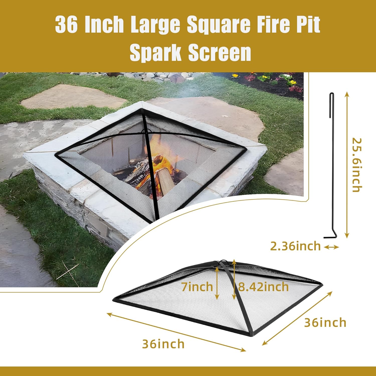 WeCooper Heavy Duty Fire Pit Spark Screen Cover,36in Steel Mesh Square Fire Pit Screen, FirePit Ember Guard with FirePit Poker