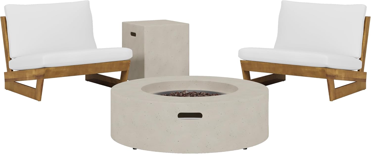 Christopher Knight Home Sherwood Acacia Wood Outdoor Lounge Chairs and 50,000 BTU Circular Propane Fire Pit, White, Teak, and Light Gray